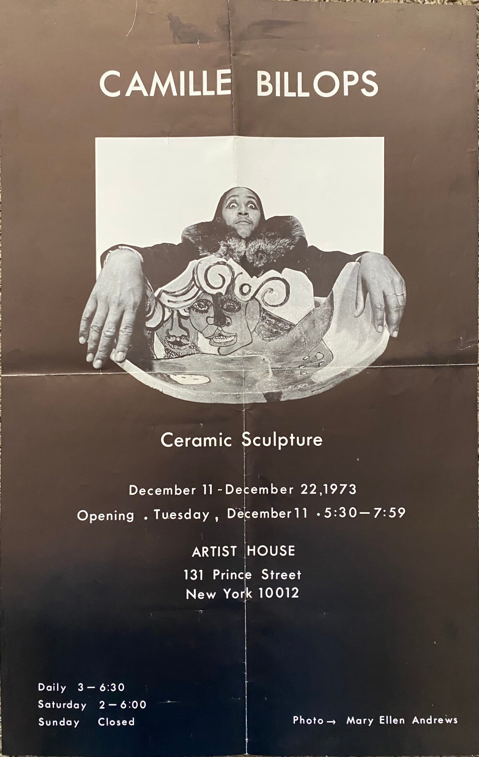 an exhibition poster with the photo of a black woman artists and her ceramic sculpture from 1973