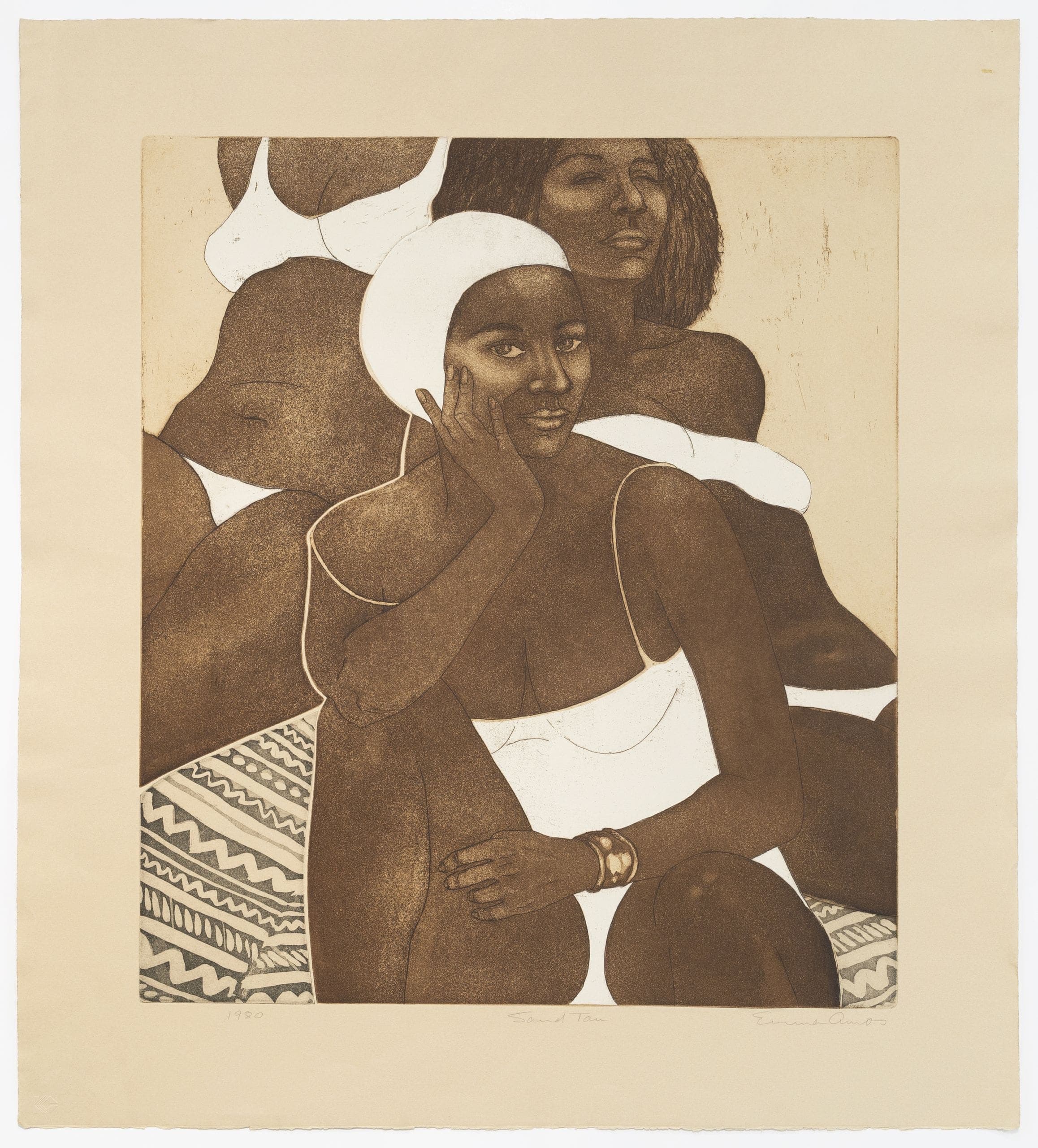 a print of three black women lounging in white swimsuits