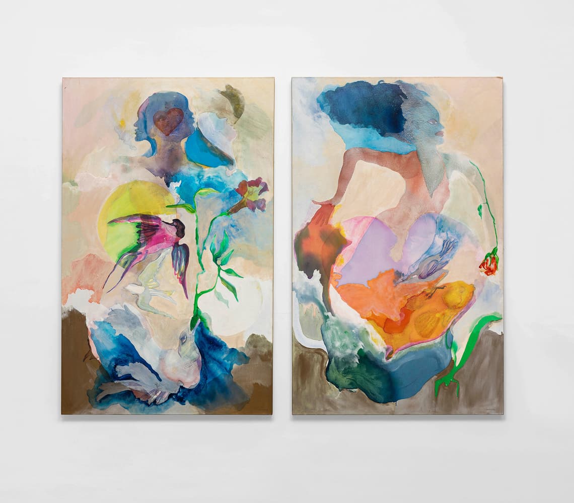a colorful painting with hearts, birds, flowers by Suzanne Jackson, Wind and Water (1975)